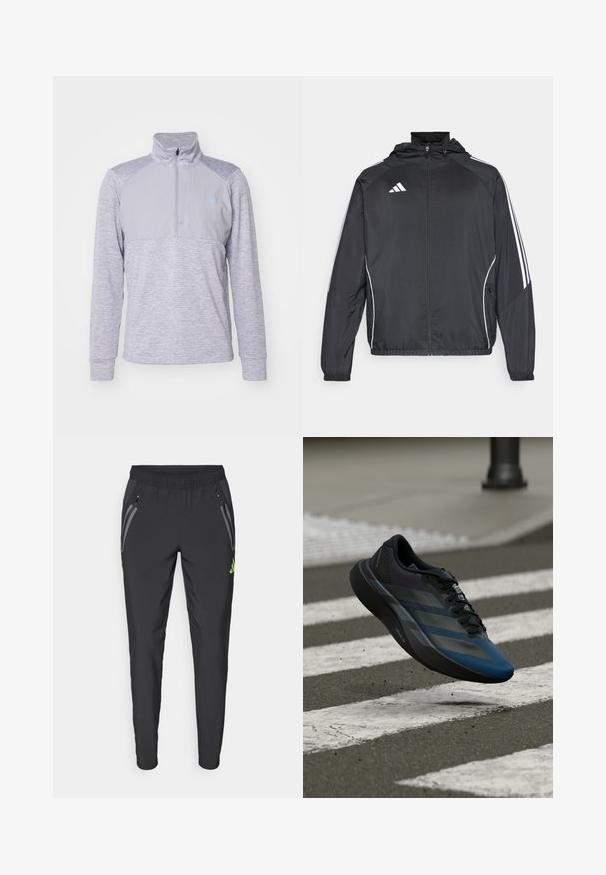 Čierna športová bunda s kapucňou, ktorá má biele pruhy pozdĺž rukávov a zips v prednej časti. Vyrobená z hladkej, ľahkej tkaniny.; Šedý sveter s polovičným zipsom na golieri, s textúrovaným telom a hladkými hornými panelmi. Dlhé rukávy s rebrovanými manžetami a detailom loga.; adidas Performance REAL MADRID TIRO25 PRO VIS TECH TRAVEL PANT - Klubové oblečenie - black/lucid lemon; Čierna a modrá atletická obuv s aerodynamickým dizajnom, vybavená štruktúrovaným zvrškom, kontrastnými pruhmi a pohodlnou podrážkou, ktorá sa vznáša nad asfaltom.
