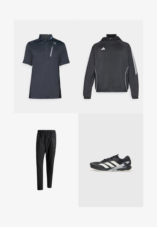 Crna atletska jakna s kapuljačom, s bijelim prugama duž rukava i zatvaranjem na zip. Izrađena od glatkog, laganog materijala.; Crna polo majica s kratkim rukavima, ovratnik s uzorkom, džep na prsima s zatvaračem i teksturirane strane. Logo detalj na prednjem lijevom dijelu.; Crne atletske hlače s elastičnim pojasom, dva bočna džepa sa zatvaračem, suženi nogavici i diskretnim logotipom na kuku.; Crne atletske cipele s bijelim prugama, mrežasta gornja strana, zaobljeni prst i podstavljeni đon. Imaju teksturiranu petu i siguran sustav vezivanja.