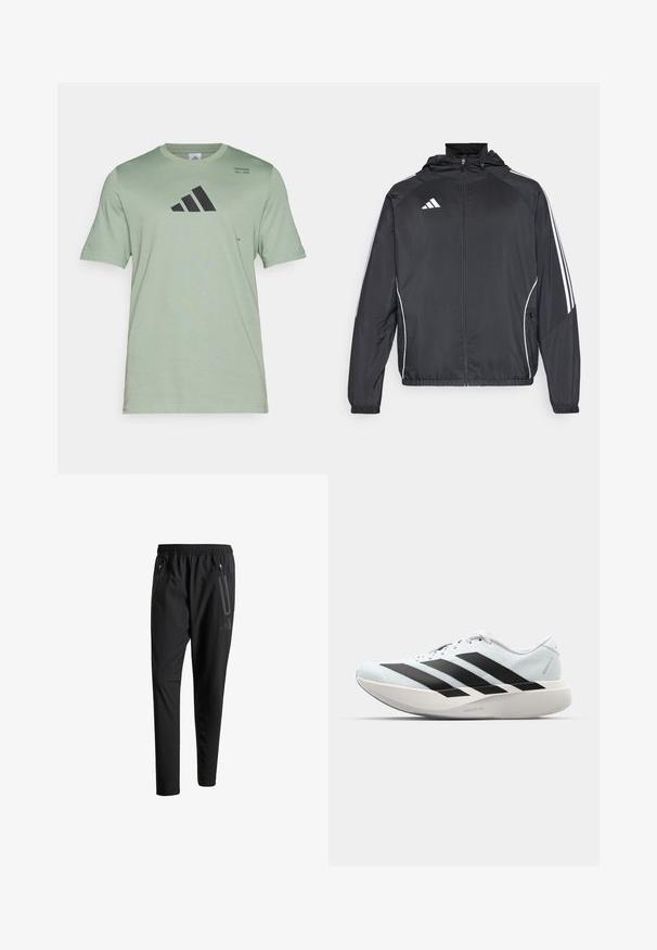 Svart sportsjakke med hette, med hvite striper langs ermene og glidelås foran. Laget av et glatt, lett stoff.; Korte ermet mintgrønn T-skjorte laget av mykt stoff, med en svart Adidas-logo og trykket tekst på øvre venstre side.; Svarte treningsbukser med elastisk liv, to glidelåslommer på sidene, avsmalnende ben og en subtil logo detalj ved hoften.; Lette løpesko i lys blå med svarte striper. Har en myk overdel, rund tå og tykk hvit mellomsole merket "LIGHTSTRIKE PRO."