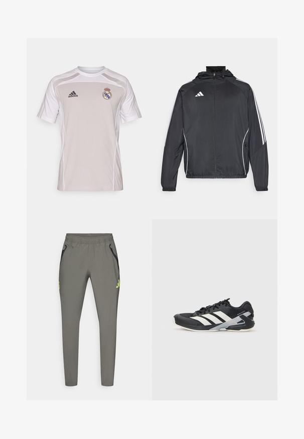 Veste de sport noire avec capuche, présentant des bandes blanches le long des manches et un devant zippé. Fabriquée en tissu léger et lisse.; T-shirt de sport gris avec des manches courtes, des accents blancs, le logo Adidas et l'emblème du Real Madrid sur la poitrine gauche. Tissu léger.; adidas Performance REAL MADRID C VISTECH P - Article de supporter d'équipe de club - utility grey/semi frozen yellow; Chaussure de sport noire avec des rayures blanches, tige en mesh, bout arrondi et semelle rembourrée. Comprend un talon texturé et un système de laçage sécurisé.