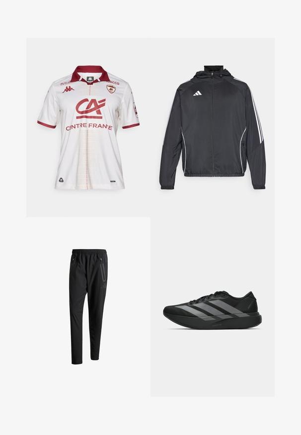 Must värvi sportlik jakk kapuutsiga, millel on valged triibud varrukatel ja lukuga esiosa. Valmistatud siledast, kergest kangast.; Valge jalgpallipaita burgundi aktsentidega, millel on krae, meeskonna logod ja tekstuuriga muster ees. Materjal näeb välja hingav.; Mustavad spordipüksid elastse vöökoha, kahe tõmblukuga küljetasku, kitsenevate säärete ning õrna logodetailiga puusadel.; Must have mustangid! Need light and trendy athletic shoes? These black sneakers have a streamlined design featuring three large hallal gray stripes. Their smooth texture and ergonomically contoured sole provide ultimate comfort.