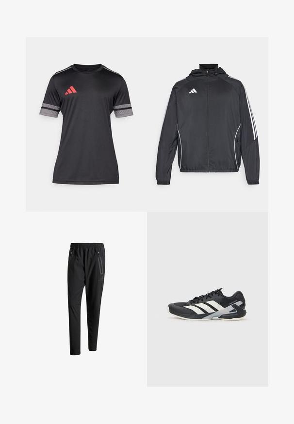Melnā sporta jaka ar kapuci, ar baltām svītrām pa piedurknēm un ar rāvējslēdzēju priekšpusē. Izgatavota no gludas, vieglas auduma.; Melnas sporta krekliņš ar īsām piedurknēm, ar sarkaniem un pelēkiem akcentiem. Izgatavots no gludas, vieglas materiāla. Adidas logo uz krūts.; Melni sporta bikses ar elastīgu vidukli, divām kabatām ar rāvējslēdzējiem sānos, sašaurinātām kājām un diskrētu logo detaļu uz gurniem.; Melnas sporta kurpes ar baltām svītrām, acs augšdaļa, noapaļots pirksts un mīksts zole. Iespējams ar teksturētu papēdi un drošu šņoru sistēmu.