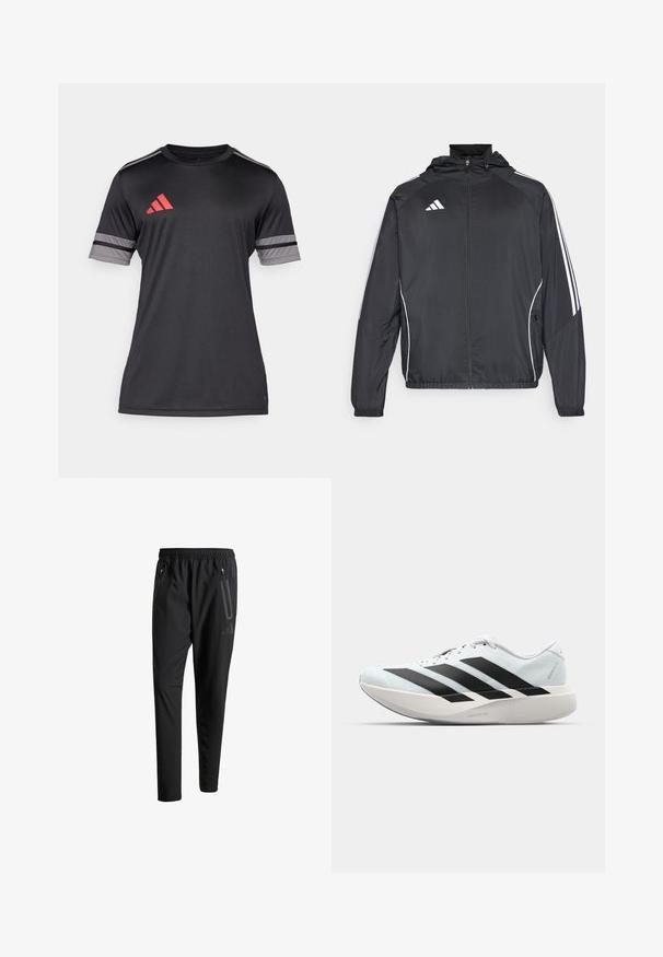 Black athletic jacket with a hood, featuring white stripes along the sleeves and a zippered front. Made from a smooth, lightweight fabric.; Black athletic shirt with short sleeves, featuring red and gray accents. Made of smooth, lightweight material. Adidas logo on the chest.; Black athletic pants with an elastic waistband, two zippered side pockets, tapered legs, and a subtle logo detail on the hip.; Lightweight running shoes in pale blue with black stripes. Features a smooth upper, round toe, and thick white midsole labeled "LIGHTSTRIKE PRO."