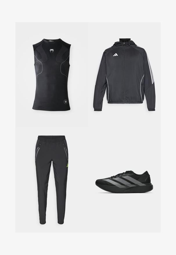 Zwarte sportjack met capuchon, voorzien van witte strepen langs de mouwen en een ritssluiting aan de voorkant. Gemaakt van een gladde, luchtige stof.; Mouwloos zwart atletisch compressie shirt met subtiele patroonpanelen, klein wit slanglogo op de borst en een cirkelvormig embleem nabij de zoom.; adidas Performance REAL MADRID TIRO25 PRO VIS TECH TRAVEL PANT - Fanartikel - black/lucid lemon; Zwarte sportieve schoenen met een lichtgewicht ontwerp, voorzien van drie opvallende grijze strepen, een gladde textuur en een gevormde zool.