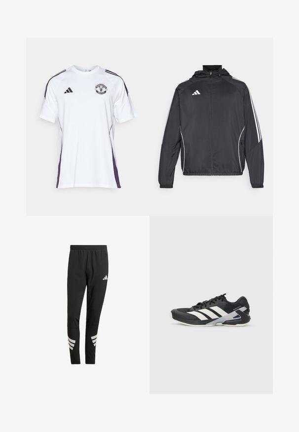 Črna športna jakna s kapuco, z belimi črtami ob rokavih in z zadrgo spredaj. Narejena iz gladkega, lahkega materiala.; Bela športna majica s kratkimi rokavi, s črnimi in vijoličnimi stranskimi akcenti, ki ima logotip Manchester United in tri črne črte na ramionih.; Črne športne hlače z elastiko v pasu, ki imajo odsevne bele poudarke v črtastem vzorcu na spodnjem delu nog. Narejene so iz gladkega materiala.; Črne atletske čevlje z belimi črtami, mrežastim zgornjim delom, zaobljenim nosom in blaženim podplatom. Imajo teksturiran petni del in varen sistem vezalk.