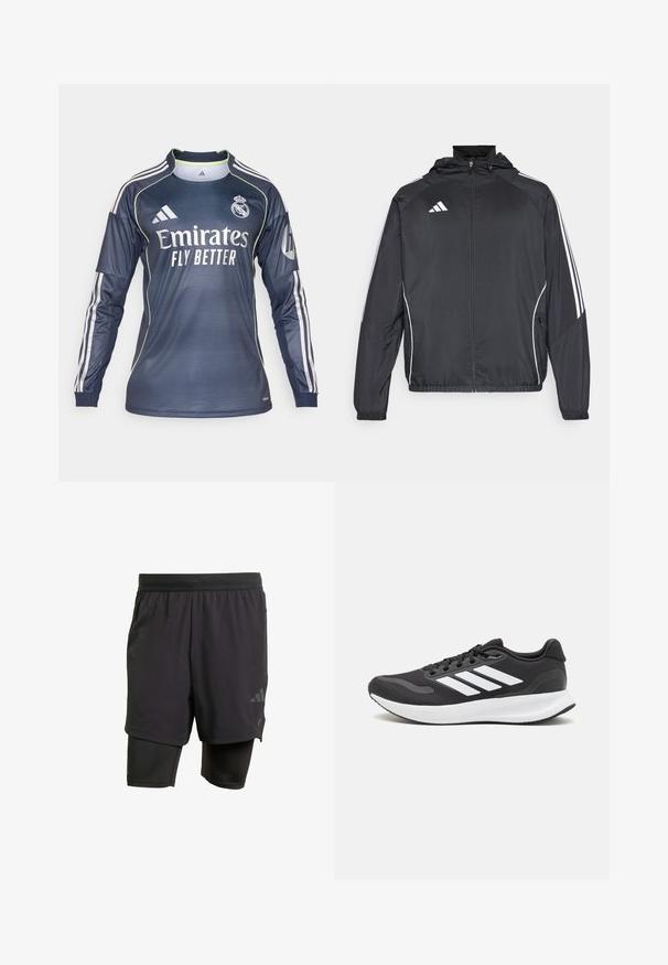 Melnā sporta jaka ar kapuci, ar baltām svītrām pa piedurknēm un ar rāvējslēdzēju priekšpusē. Izgatavota no gludas, vieglas auduma.; Vārtnieks krekls tumši zilā krāsā ar baltām akcentiem un ribotu tekstūru. "Emirates Fly Better" logo priekšā, trīs svītras uz piedurknēm.; Melni sporta šorti ar iebūvētu iekšējo slāni, izgatavoti no elpojoša auduma. Iekļautas diskrētas logotipa detalizācijas un strukturēta tekstūra. Regulējama jostasvieta.; Melnas sporta kurpes ar elpojošu acs augšu, baltām akcentiem un mīkstu zoli. Sānā ir trīs svītru logo.