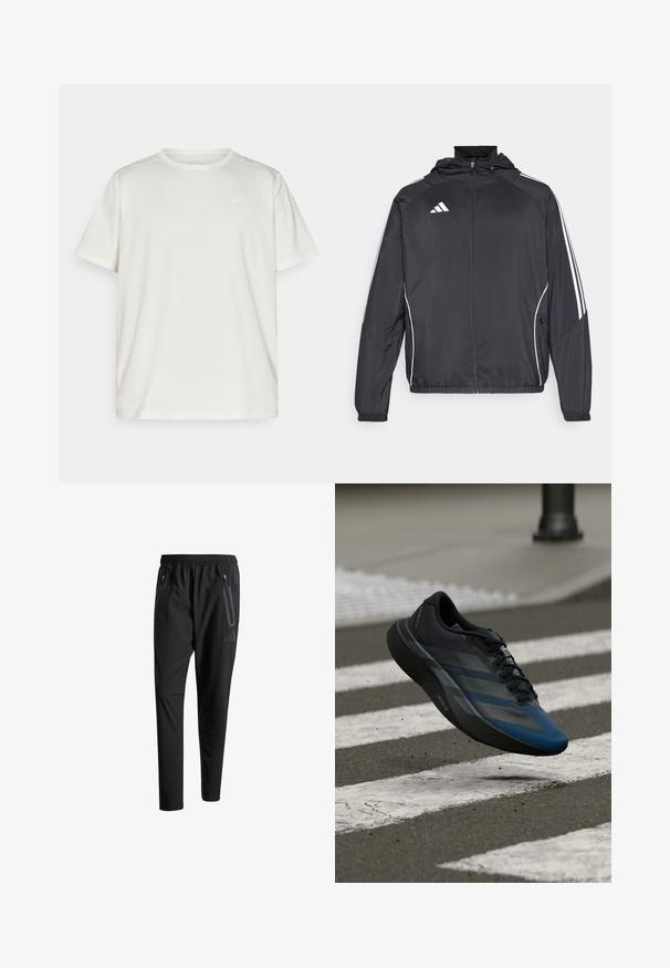 Jachetă sport neagră cu glugă, decorată cu dungi albe pe mâneci și cu fermoar în față. Fabricată dintr-un material neted și ușor.; Tricou scurt, de culoare deschisă, realizat din material moale, cu decolteu rotund și un mic logo pe partea stângă a pieptului.; Pantaloni atletici negri cu talie elastică, două buzunare laterale cu fermoar, picioare conice și un detaliu logo discret pe șold.; Pantof sportiv negru și albastru cu un design aerodinamic, având o parte superioară texturată, dungi contrastante și o talpă amortizată, plutind deasupra asfaltului.