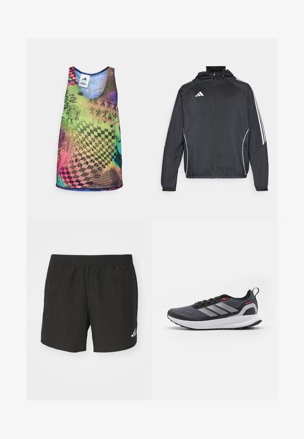 Veste de sport noire avec capuche, présentant des bandes blanches le long des manches et un devant zippé. Fabriquée en tissu léger et lisse.; Débardeur multicolore avec des motifs géométriques vibrants, incluant des damiers et des tourbillon, dans des teintes de vert, rose, bleu et violet.; Shorts de sport noirs avec une taille élastique, des fentes sur les côtés et des accents de logo réfléchissants. Fabriqués en tissu léger et lisse.; Baskets de course noires avec des accents gris. Présentent un dessus texturé, une semelle robuste et des bandes réfléchissantes. Design léger avec une semelle intermédiaire rembourrée.