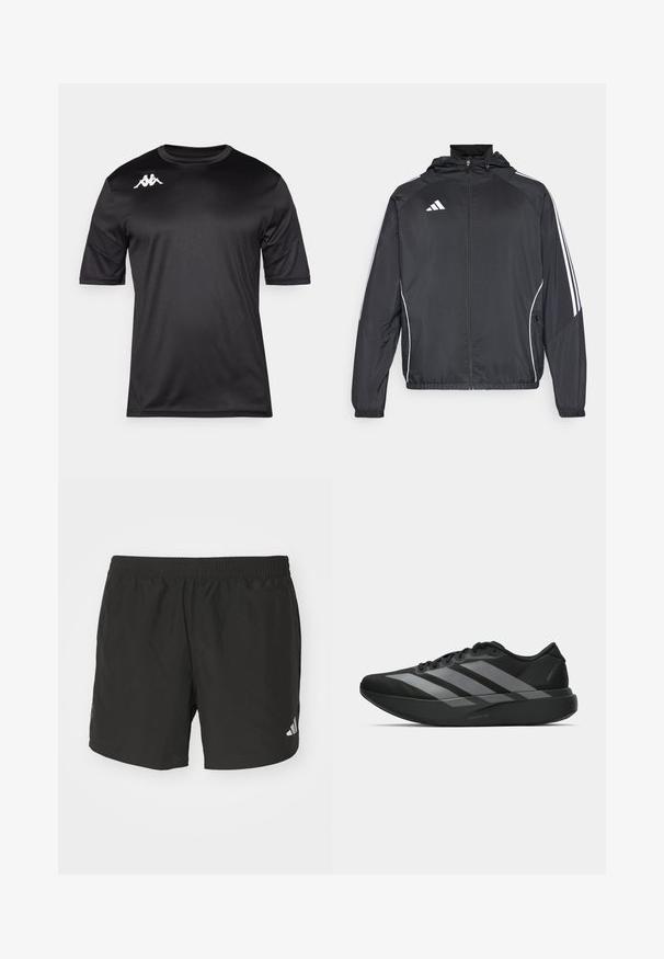 Melnā sporta jaka ar kapuci, ar baltām svītrām pa piedurknēm un ar rāvējslēdzēju priekšpusē. Izgatavota no gludas, vieglas auduma.; Melna īsām piedurknēm sporta T-kreklā, izgatavots no gludas auduma, ar baltu logotipu augšējā kreisā krūtīs un apaļo kakla dizainu.; Melnas sporta bikses ar elastīgu jostu, sānu šķeltnēm un atstarojošiem logo akcentiem. Izgatavotas no viegla, gluda auduma.; Melni sporta apavi ar vieglu dizainu, ar trim izteiksmīgiem pelēkiem svītrām, gludu virsmu un kontūrveida zoli.