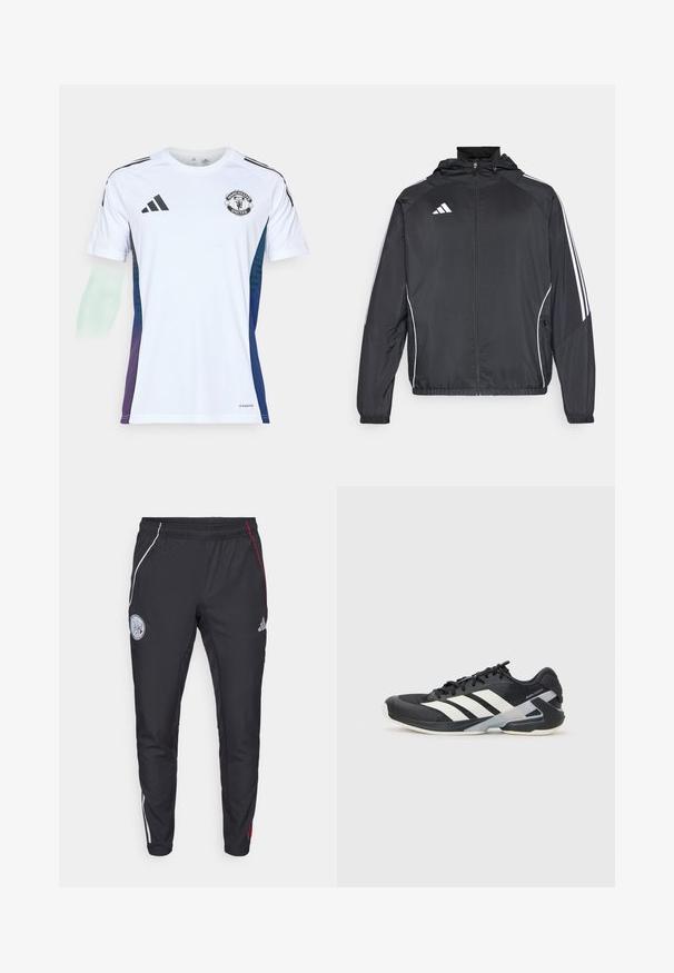 Črna športna jakna s kapuco, z belimi črtami ob rokavih in z zadrgo spredaj. Narejena iz gladkega, lahkega materiala.; Bela športna majica z črnimi Adidas črtami, logo Manchester United na prsih, modro-vijolični gradientni poudarki na straneh, izdelana iz lahkega materiala.; Črne športne hlače s tapered krojem. Imajo bele in rdeče stranske proge, elastičen pas ter izvezen logotip na zgornjem delu stegna.; Črne atletske čevlje z belimi črtami, mrežastim zgornjim delom, zaobljenim nosom in blaženim podplatom. Imajo teksturiran petni del in varen sistem vezalk.