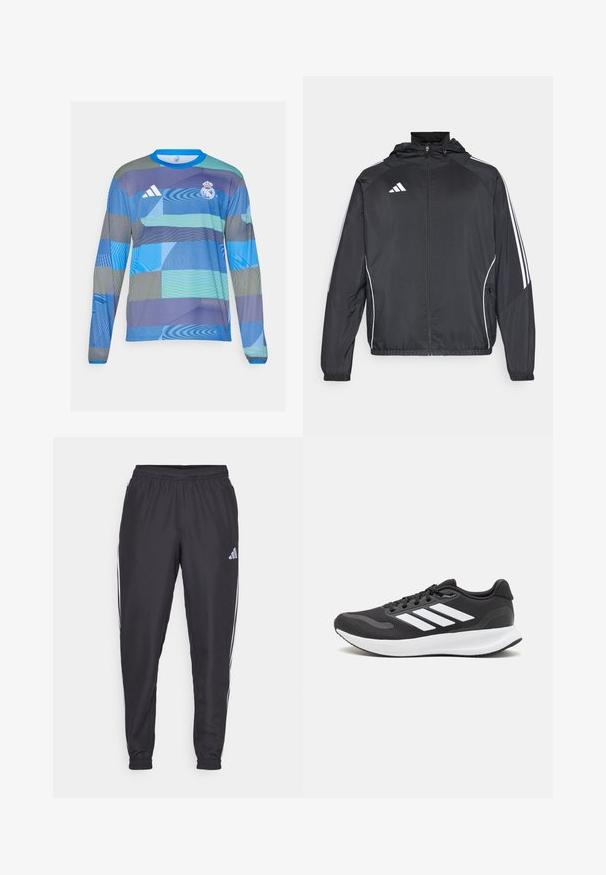 Veste de sport noire avec capuche, présentant des bandes blanches le long des manches et un devant zippé. Fabriquée en tissu léger et lisse.; Maillot de sport à manches longues présentant un motif géométrique bleu et vert, fabriqué en tissu léger avec un col bleu côtelé et un logo Adidas.; Pantalons de sport noirs avec une taille élastique, présentant des rayures blanches sur les côtés et un petit logo sur la hanche. Texture lisse.; Baskets de sport noires avec tige en mesh respirant, accents blancs et semelle rembourrée. Présente le logo à trois bandes sur le côté.