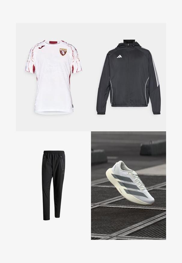 Črna športna jakna s kapuco, z belimi črtami ob rokavih in z zadrgo spredaj. Narejena iz gladkega, lahkega materiala.; Bela majica s kratkimi rokavi, ki vsebuje teksturiran dizajn z maroon akcenti in emblemom Torino FC na levem prsnem delu.; Črne športne hlače z elastičnim pasom, dvema žepoma na zadrgo ob strani, zoženimi hlačnicami in diskretnim logotipom na boku.; Bela športna obutev z zgornjim delom iz teksturirane mrežice, opremljena s sivimi črtami in podloženim podplatom. Lahka zasnova, primerna za tek.