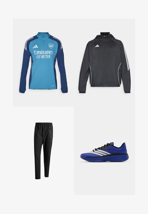 Giacca atletica nera con cappuccio, caratterizzata da strisce bianche lungo le maniche e chiusura con zip frontale. Realizzata in un tessuto liscio e leggero.; Maglietta sportiva blu a maniche lunghe con collo a zip, con logo dell'Arsenal e il testo "Emirates FLY BETTER", con pannelli laterali blu navy e strisce bianche.; Pantaloni sportivi neri con vita elastica, due tasche laterali con cerniera, gambe affusolate e un sottile dettaglio del logo sull'anca.; adidas Performance ADIZERO SELECT 3.0 - Scarpe da basket - lucid blue/core black/metallic