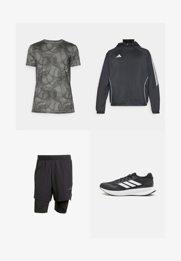 Black athletic jacket with a hood, featuring white stripes along the sleeves and a zippered front. Made from a smooth, lightweight fabric.; Black short-sleeve t-shirt featuring a geometric wave pattern in grey tones. Made from soft fabric with a crew neck design and relaxed fit.; Black athletic shorts with integrated inner layer, made from breathable fabric. Features subtle logo and structured texture. Adjustable waistband.; Black athletic shoe with breathable mesh upper, white accents, and a cushioned sole. Features three stripes logo on the side.