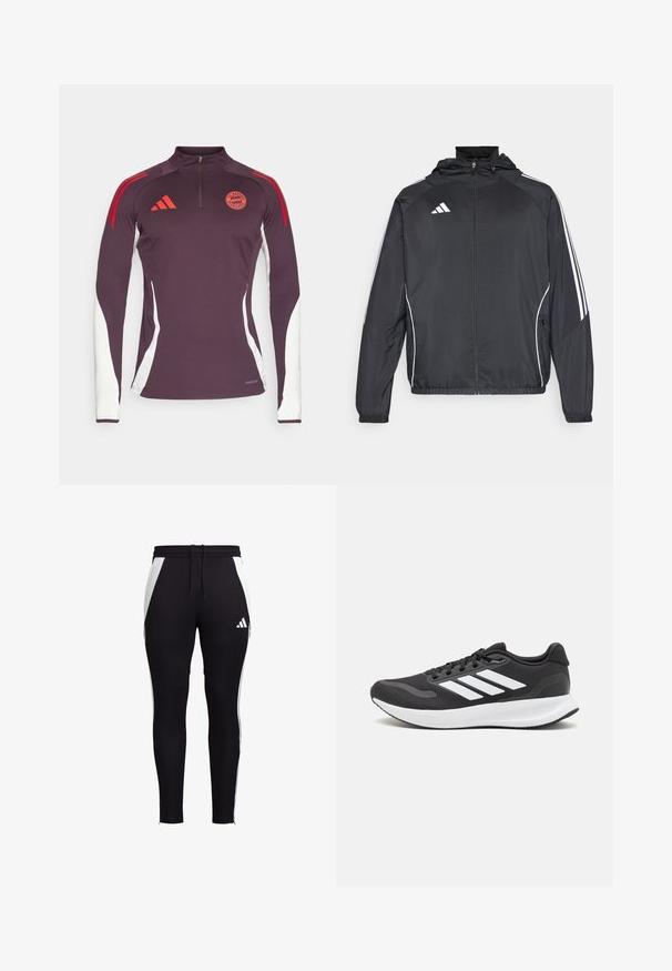 Black athletic jacket with a hood, featuring white stripes along the sleeves and a zippered front. Made from a smooth, lightweight fabric.; Long-sleeve training top in dark purple with white side panels, red accent stripes, and a quarter-zip collar; features Adidas logo and Bayern Munich badge.; Black athletic pants with white side panels, slim fit, elastic waistband with a drawstring, and a small white logo on the lower left leg.; Black athletic shoe with breathable mesh upper, white accents, and a cushioned sole. Features three stripes logo on the side.