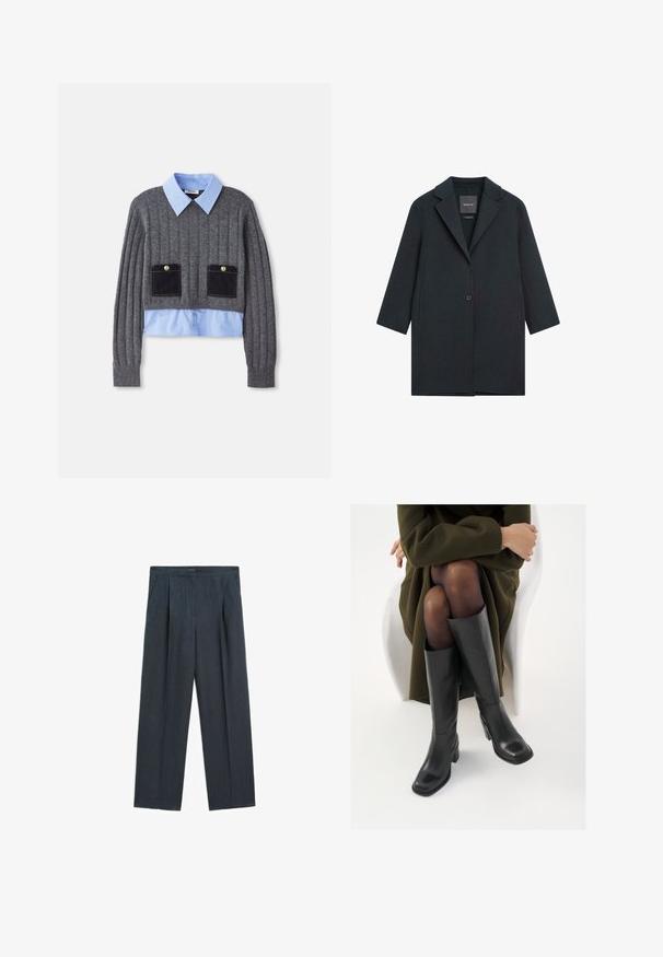 Czarny wełniany płaszcz w odcieniu ciemnoszarym, z kołnierzem z wycięciem, dwoma przednimi guzikami, rękawami o średniej długości oraz prostym krojem. Metka widoczna wewnątrz.; Szary sweter z prążkami, z jasnoniebieską koszulą z kołnierzykiem pod spodem, z dwoma przednimi kieszeniami z ciemnoniebieskimi akcentami i detalami z guzikami.; Ciemnoszare, plisowane spodnie o prostym kroju, z gładką powierzchnią i dopasowaną talią. Brak widocznych kieszeni lub ozdób.; Kozaki skórzane do kolan w kolorze czarnym, z kwadratowym noskiem i słupkowym obcasem, pokazane na modelce siedzącej w oliwkowej zielonej kurtce. Gładka tekstura, minimalne detale.