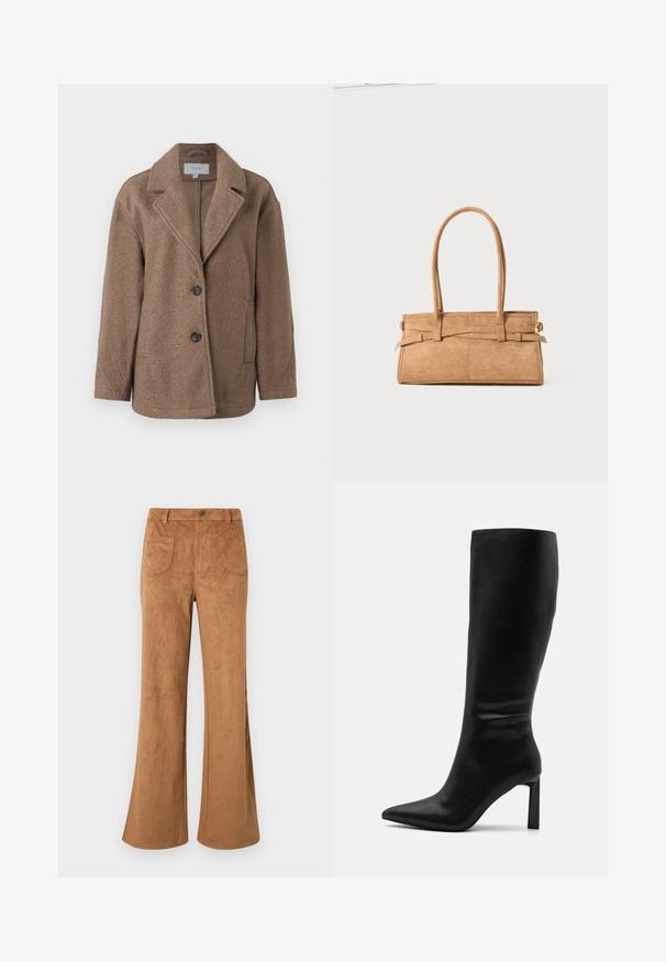 Blazer in pile marrone con colletto a rever, due bottoni e una tasca; materiale morbido e texturizzato; vestibilità comoda e design di lunghezza media.; Maglietta a maniche lunghe di colore marrone scuro, realizzata in morbido tessuto elasticizzato. Presenta un collo rotondo e un design aderente, adatta per essere indossata a strati.; Pantaloni svasati in suede marrone con vita alta, tasche anteriori e posteriori, e una texture liscia. Progettati per un fit rilassato lungo tutta la gamba.; Even&Odd Stivali alti - black; Borsa in suede tan con due manici lunghi, forma rettangolare e cuciture decorative. Presenta una tracolla laterale e sottili dettagli in oro.