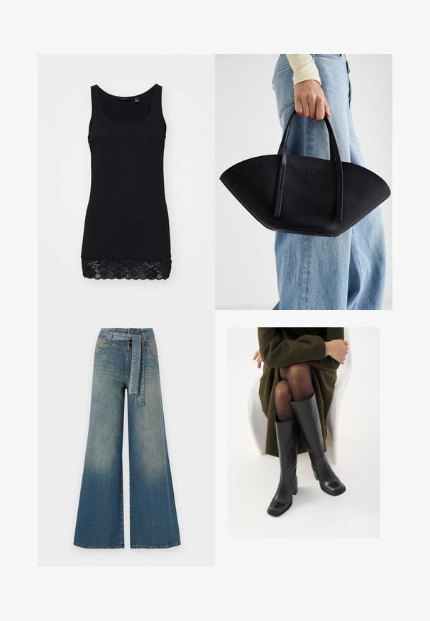 Hnedý fleecový blazer s vykrojeným golierom, dvoma gombíkmi a jednou vreckom; textúrovaný, mäkký materiál; voľný strih a stredná dĺžka.; Čierny tielko vyrobené z hladkej bavlny s priliehavým strihom, zdobené čipkovým lemom na spodnom okraji pre pridanú textúru a detail.; Džínsy s širokými nohavicami, ktoré majú prechod od svetlomodrej po tmavomodrú, vysoký pás, pútka na opasok a opasok z rovnakého materiálu. Textúrovaný denimový povrch.; Čierne kožené čižmy po kolená so štvrtým prstom a blokovým opätkom, zobrazené s modelom sediacim v olivovo zelenej bunde. Hladká textúra, minimálne detaily.; Čierna kožená kabelka s jedinečným tvarom ventilátora, so plochými držadlami. Povrch má štruktúru s brúseným efektom a minimalistic design.