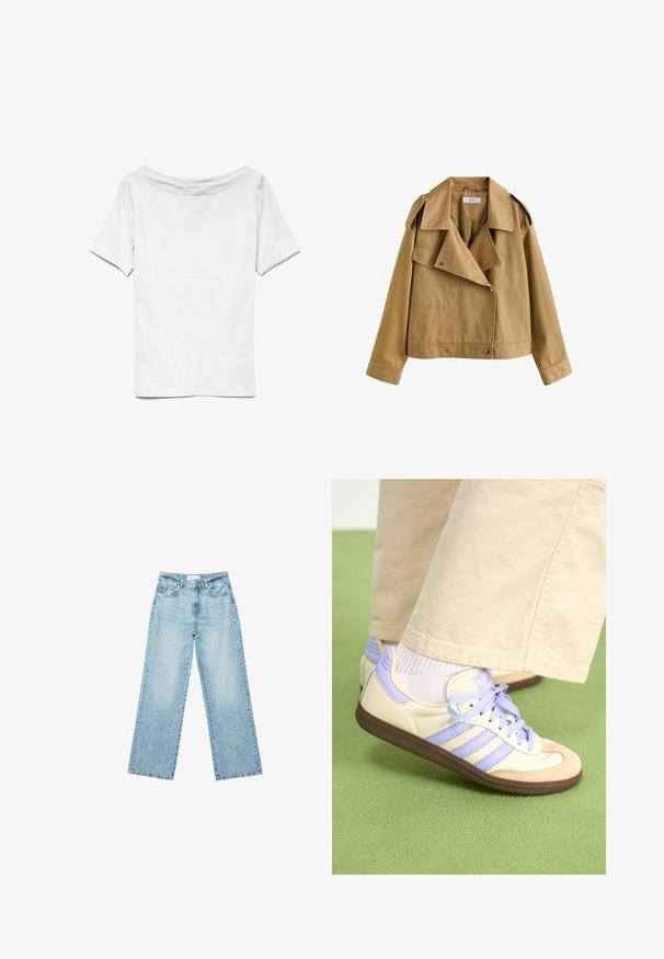 Khaki skrátená bunda z bavlny s širokým golierom, jedným gombíkom na zapínanie a ramennými epauletami. Obsahuje detaily prednej vrecka.; Biele tričko s krátkym rukávom a širokým výstrihom, vo voľnom strihu. Vyrobené z jemnej bavlny, s hladkou textúrou a jednoduchým dizajnom.; Svetlomodré džíny s širokými nohavicami a vysokým pásom, so zosvetlenou úpravou a malými, rozptýlenými poškodenými detailmi po celom obvode.; Krémovo-fialové tenisky so tromi pruhmi a štruktúrovanou hnedou podrážkou, s šnúrkami a polstrovaným opätkom. Mäkký textilný zvršok.