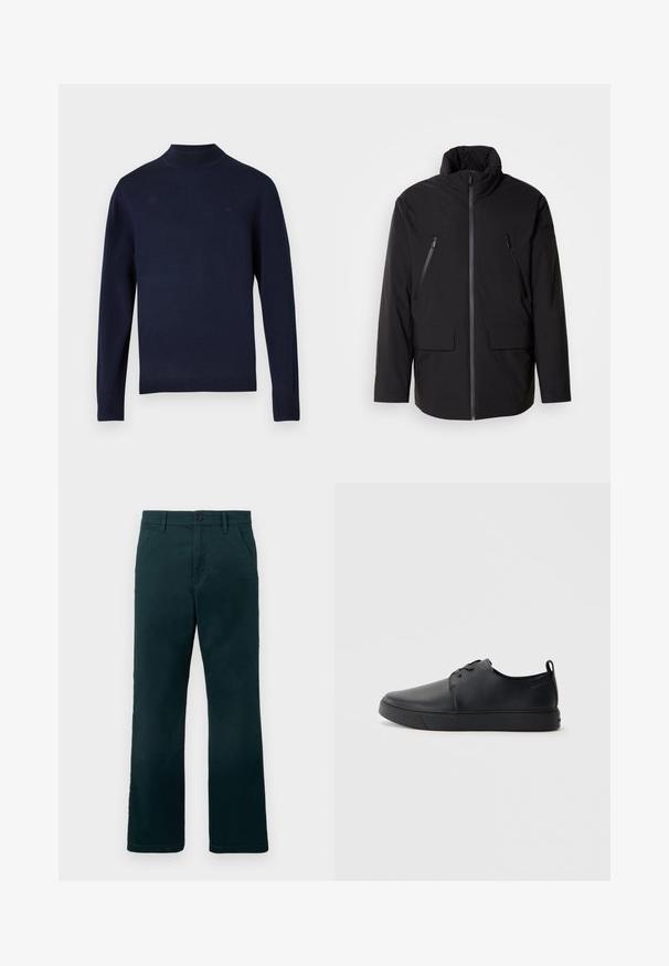 Casaco preto com gola alta, fecho frontal com zíper, dois bolsos no peito com zíper e dois bolsos frontais com aba; textura suave e corte descontraído.; Sweater de malha azul marinho com gola alta, mangas longas e punhos canelados. Apresenta um logótipo discreto no peito. Textura suave.; Calças retas de cor verde-escuro com passantes para cinto, bolsos laterais e fecho de botão sobre um fundo branco liso.; Sapatilha de couro preta com um acabamento liso, bico arredondado, costura ton sur ton, frente com atacadores e sola plana de borracha. Alça no calcanhar.