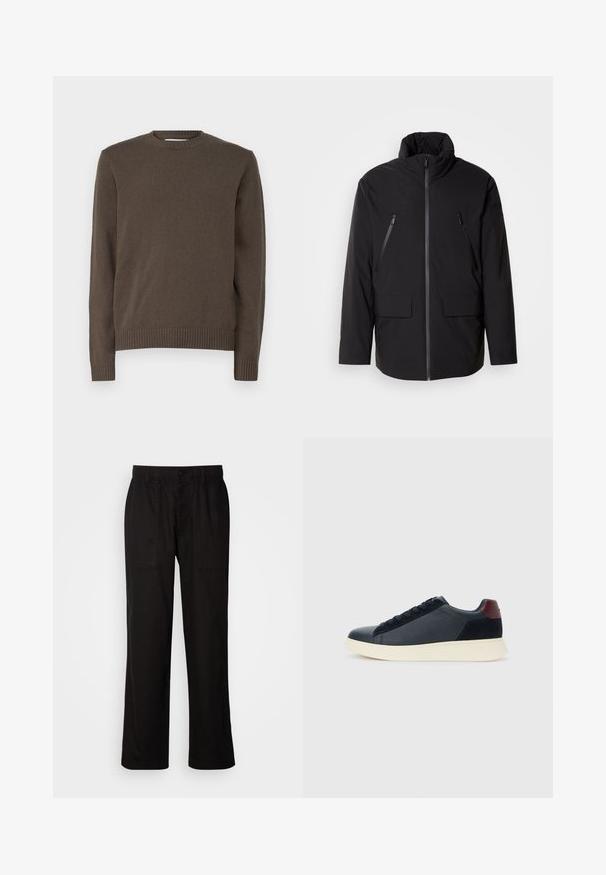 Giubbotto nero con colletto alto, zip frontale completa, due tasche sul petto con zip e due tasche frontali con pattina; texture liscia e vestibilità comoda.; Maglione marrone lavorato a maglia con scollatura rotonda, maniche lunghe, orlo e polsini a coste, caratterizzato da una texture liscia in tutta la sua superficie.; Pantaloni neri con vestibilità morbida, realizzati in tessuto leggero. Presentano un elastico in vita, chiusura con bottone e due tasche anteriori.; Sneaker da uomo a basso profilo in pelle nera e suede con linguetta sul tallone color bordeaux e suola in gomma bianca, vista dal lato esterno.