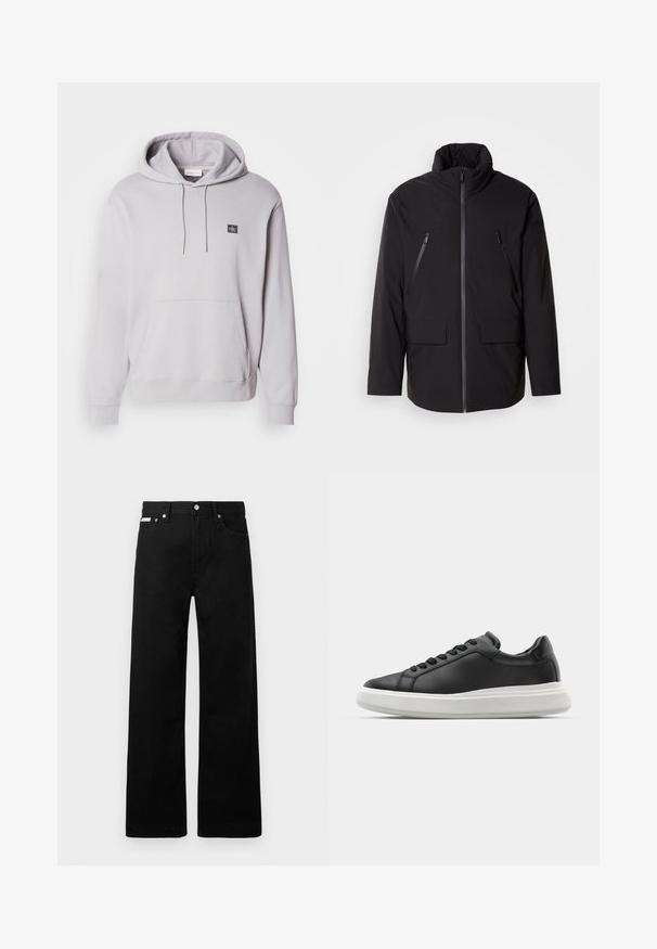 Fekete dzseki magas gallérral, teljes elülső cipzárral, két cipzáras mellzsebbel és két elülső hajtókás zsebbel; sima textúrájú és laza szabású.; Világosszürke kapucnis pulóver, pamutból készült, elülső zsebbel, mandzsettákkal és egy kis logóval a mellkasán. Sima tapintású.; Fekete farmernadrág széles szabással, öt zsebbel és fém gombos díszítéssel. Sima felület, látható minták nélkül.; Fekete bőr sportcipő sima felülettel, fehér gumitalppal, lekerekített formával, hat fűzőlyukkal, és diszkrét logóval a sarkán.