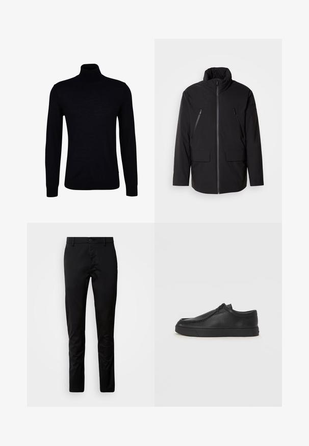 Zwarte jas met hoge kraag, volledige ritssluiting, twee ritszakken op de borst en twee voorzakken met klep; gladde textuur en ontspannen pasvorm.; Zwarte coltrui van een gladde brei-stof. Voorzien van lange mouwen, een aansluitende hals, en geribbelde manchetten en zoom voor een strakke pasvorm.; Zwarte broeken met een slim fit, gemaakt van gladde stof. Voorzien van een tailleband met knoopsluiting en recht gesneden benen.; Zwarte leren instapschoen met een ronde neus, gestikte details en een zwarte rubberen zool. Soepele textuur met een minimalistisch ontwerp.