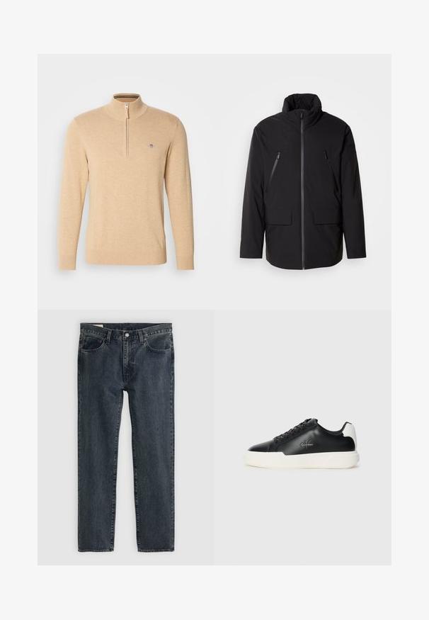 Black jacket with a high collar, full front zipper, two zippered chest pockets, and two front flap pockets; smooth texture and relaxed fit.; GANT CLASSIC HALF ZIP - Jumper - khaki melange; Dark blue denim jeans with a straight leg design, five pockets, and a button-fly closure. The fabric shows a subtle fade and texture.; Black leather sneakers with white rubber sole. Features round toe, lace-up design, and logo detail on the side. Rear accent in white.