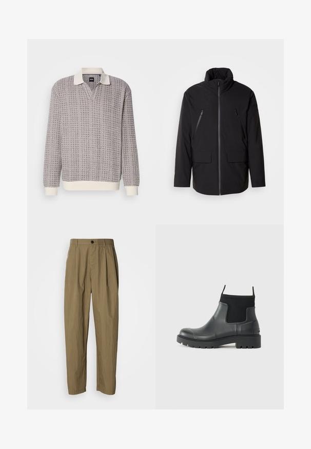 Schwarze Jacke mit hohem Kragen, durchgehendem Reißverschluss, zwei Zipper-Brusttaschen und zwei Frontklapptaschen; glatte Textur und lockere Passform.; Langärmliger Strickpolo-Pullover mit strukturiertem braun-weißen Muster, cremefarbenem Kragen sowie cremefarbenen gerippten Bündchen und Saum.; Khakifarbene, gerade geschnittene Hosen mit Falten, Gürtelschlaufen und einem einzelnen schwarzen Knopf an der Taille, auf einem weißen Hintergrund abgebildet.; Schwarze Knöchelstiefel aus Gummi mit matter Oberfläche, die ein schlankes Design, elastische Einsätze und eine robuste Sohle für bessere Bodenhaftung bieten.