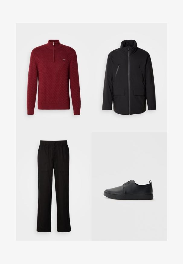 Sorte jakke med høj krave, fuld frontlynlås, to lynlåsede brystlommer og to frontlommer med klap; glat tekstur og afslappet pasform.; Rød strikket pullover med et tekstureret diamantmønster, høj krave og lynlås i kvart længde. Har ribbede manchetter og kant. Inkluderer lille logo detalje.; Sorte bukser med en afslappet pasform, lavet af letvægtsstof. Har elastisk talje, knaplukning og to forlommer.; Sorte lædersneakers med en glat finish, rund tå, tonalt syning, snøring foran og en flad gummisål. Løkke ved hælen.