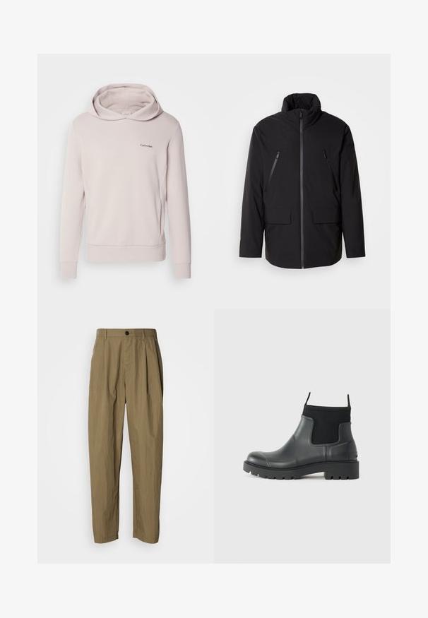 Jachetă neagră cu guler înalt, fermoar frontal complet, două buzunare pe piept cu fermoar și două buzunare laterale cu clapă; textură netedă și croială lejeră.; Hanorac Calvin Klein roz deschis, fabricat dintr-un material moale, având o glugă spațioasă, mâneci lungi și un mic logo pe piept.; Pantaloni drepți de culoare khaki, cu pliuri, bucle pentru curea și un singur nasture negru la talie, expuși pe un fundal alb.; Bocanci negri din cauciuc, cu finisaj mat, având un design elegant, panouri elastice și o talpă groasă pentru aderență.