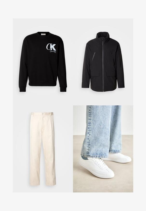 Črna jakna z visokim ovratnikom, polnim zadrgo, dvema žepoma na prsih z zadrgo in dvema sprednjima žepoma z poklopcem; gladka tekstura in sproščen kroj.; Črna pulover s kapuco iz bombaža z rebrastim ovratnikom in manšetami. Na sprednji strani ima bel "CK" logotip in napis "Calvin Klein EST 1968".; Bež cottone hlače s ravnim krojem, ki imajo gumbasto zapiranje in nabore spredaj za dodatne detajle.; Bele superge iz gladkega materiala, z vezalkami, z teksturiranim gumijastim podplatom in teal akcentom na peti, v kombinaciji z svetlobe modrimi džinsami.