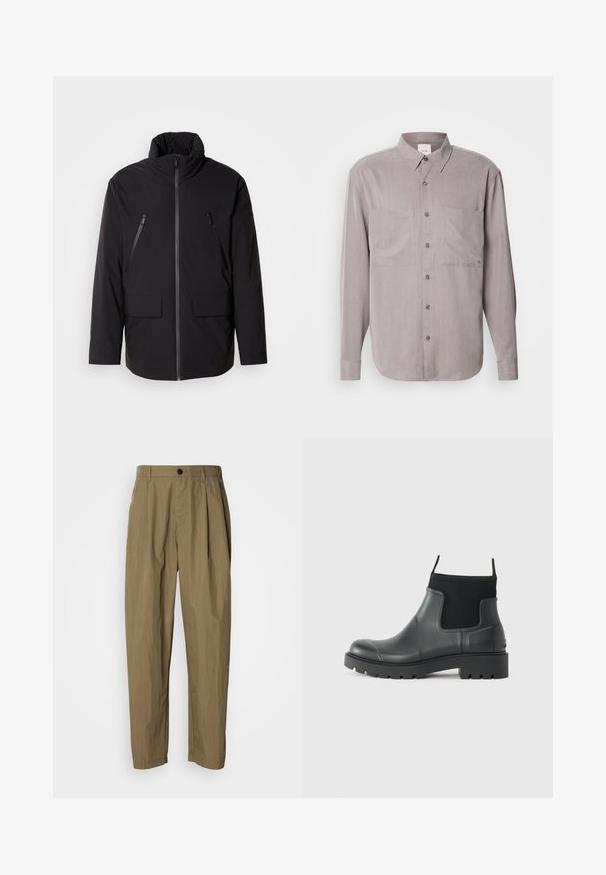 Chaqueta negra con cuello alto, cierre frontal completo, dos bolsillos en el pecho con cremallera y dos bolsillos frontales con solapa; textura suave y corte relajado.; Camisa de manga larga abotonada en tejido gris apagado, con dos bolsillos en el pecho, un cuello clásico y cierres de botón en tono. ; Pantalones rectos color caqui con pliegues, pasadores de cinturón y un solo botón negro en la cintura, exhibidos sobre un fondo blanco.; Botas de tobillo negras de goma con acabado mate, que presentan un diseño elegante, paneles elásticos y una suela gruesa para mayor tracción.