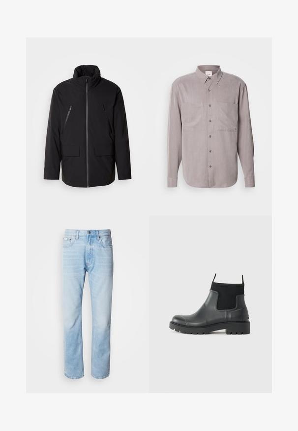 Melnas jakas ar augstu apkakli, pilnu priekšējo rāvējslēdzēju, divām rāvējslēdzēja krūšu kabatām un divām priekšējām kabatām ar atloku; gluda tekstūra un brīva piegriezuma.; Ilgā piedurkne pogājamā krekla izgatavots no bālā pelēka auduma, ar divām krūšu kabatām, klasisku apkakli un tonālu pogu aizdari.; Gaiši zili denima džinsi ar taisnu kāju griezumu, ar izbalējušām sekcijām, piecu kabatu dizainu un klasisko pogu aizdari.; Melna gumijas potīšu apavi ar matētu virsmu, kuriem ir elegants dizains, elastīgas malas un masīva zole, kas nodrošina labu saķeri.
