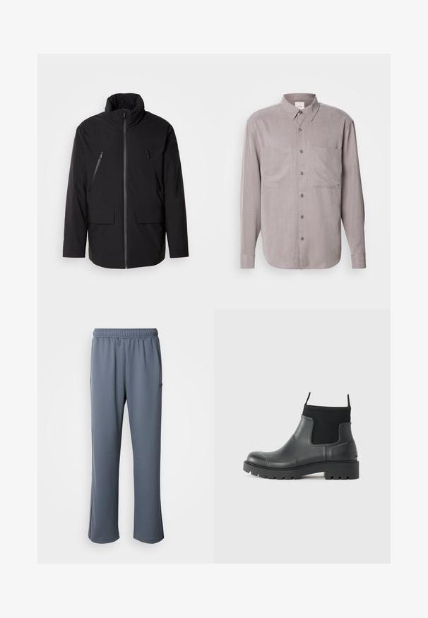 Juodas švarkas su aukštu apykakle, pilnu priekyje esančiu užtrauktuku, dviem užtrauktukais uždaromomis krūtinės kišenėmis ir dviem priekinėmis kišenėmis su užklotais; lygus audinys ir laisvas kirpimas.; Ilga rankovė mygtukų marškiniai iš nuslopinto pilko audinio, turintys dvi krūtinės kišenes, klasikį apykaklę ir toninius mygtukų užsegimus.; Pilkos sportinės kelnės su elastinga juosmeniu, šoninėmis kišenėmis ir laisvu siluetu. Pagamintos iš minkštos medžiagos su lygiu paviršiumi ir be akivaizdžių raštų.; Juodos gumos aulinukai iki kulkšnies, matinio paviršiaus, su dailiu dizainu, elastingomis detalėmis ir stambiu padu, užtikrinančiu sukibimą.