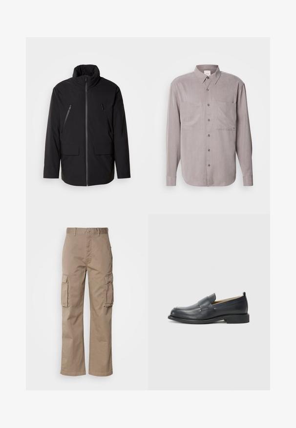 Svart jakke med høy krage, hel frontglidelås, to glidelåslommer på brystet og to lommer med klaff foran; glatt tekstur og avslappet passform.; Langermet skjorte med knappestolpe i dempet grått stoff, med to brystlommer, klassisk krage og tonede knappefester.; Beige cargo bukser laget av bomull, med en avslappet passform, to sidelommer og knappelukking i midjen.; Sorte lærloafers med en glat overflade, en flad sål og en rund tå med en dekorativ rem over toppen.