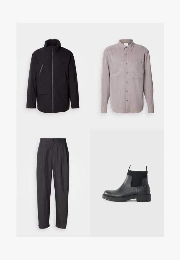 Schwarze Jacke mit hohem Kragen, durchgehendem Reißverschluss, zwei Zipper-Brusttaschen und zwei Frontklapptaschen; glatte Textur und lockere Passform.; Langärmliges Hemd in gedämpftem grauen Stoff, ausgestattet mit zwei Brusttaschen, einem klassischen Kragen und tonalen Knopfverschlüssen.; Dunkelgraue gerade geschnittene Hose mit Gürtelschlaufen, vorderem Knopfverschluss und Seitentaschen auf einem schlichten hellen Hintergrund.; Schwarze Knöchelstiefel aus Gummi mit matter Oberfläche, die ein schlankes Design, elastische Einsätze und eine robuste Sohle für bessere Bodenhaftung bieten.