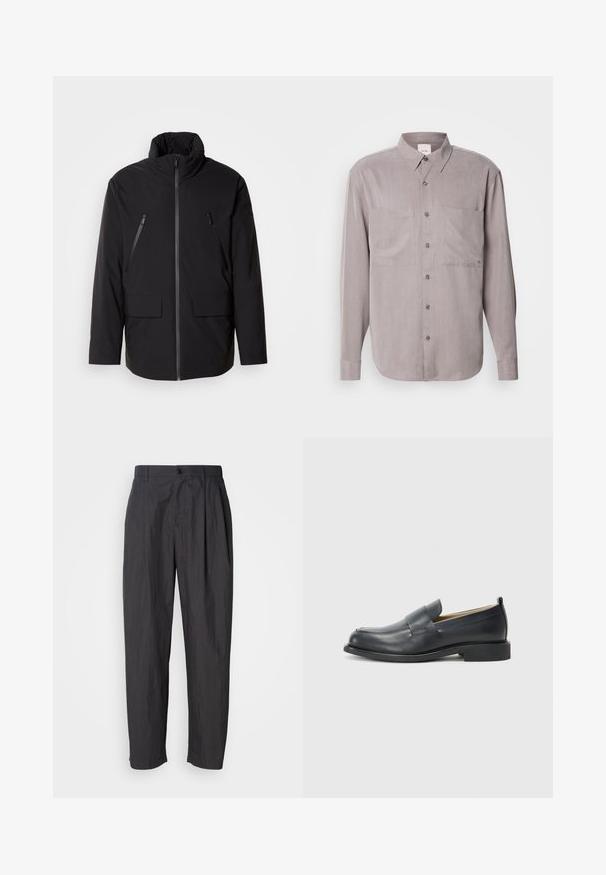 Giubbotto nero con colletto alto, zip frontale completa, due tasche sul petto con zip e due tasche frontali con pattina; texture liscia e vestibilità comoda.; Camicia a maniche lunghe con bottoni in tessuto grigio tenue, dotata di due tasche sul petto, colletto classico e chiusure a bottoni tonali.; Pantaloni dritti grigio scuro con passanti per cintura, chiusura frontale con bottone e tasche laterali su uno sfondo chiaro e uniforme.; Mocassini in pelle nera caratterizzati da una finitura liscia, suola piatta e punta arrotondata con una fascia decorativa sulla parte superiore.