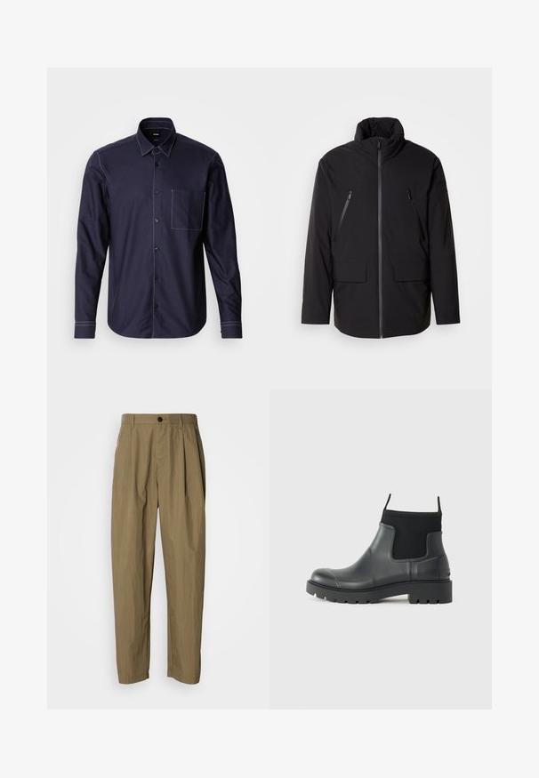 Melnas jakas ar augstu apkakli, pilnu priekšējo rāvējslēdzēju, divām rāvējslēdzēja krūšu kabatām un divām priekšējām kabatām ar atloku; gluda tekstūra un brīva piegriezuma.; Kokvilnas maisījumā izgatavota virsdrēbe ar jūras spēku pogām, kam ir baltas kontrastējošas šuves, krūšu kabata un klasiskā apkakles dizains.; Haki krāsas taisnas kājas bikses ar krokām, jostas cilpām un vienu melnu pogu jostas vietā uz baltas fona.; Melna gumijas potīšu apavi ar matētu virsmu, kuriem ir elegants dizains, elastīgas malas un masīva zole, kas nodrošina labu saķeri.