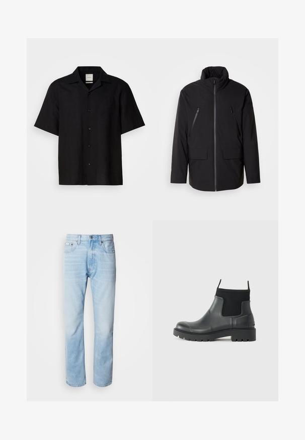 Crna jakna s visokim ovratnikom, punim prednjim patentnim zatvaračem, dva patentna džepa na prsima i dva prednja džepa s preklopom; glatka tekstura i opušteni kroj.; Crna majica kratkih rukava od lana, sa dugmetima sprijeda, oštrim kragnom i glatkom teksturom. Nema istaknutih uzoraka niti akcenata.; Svijetloplave traperice ravnog kroja, s izblijedjelim dijelovima, dizajnom s pet džepova i klasičnim dugmadi.; Crne gležnjače od gume s mat završetkom, koje imaju elegantan dizajn, elastične panele i debeli potplat za bolje prianjanje.