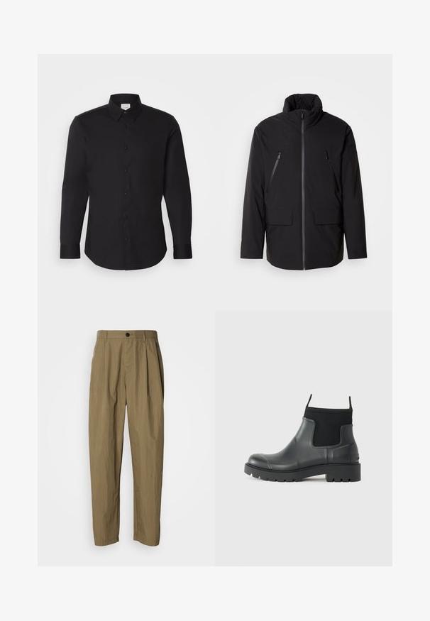 Juodas švarkas su aukštu apykakle, pilnu priekyje esančiu užtrauktuku, dviem užtrauktukais uždaromomis krūtinės kišenėmis ir dviem priekinėmis kišenėmis su užklotais; lygus audinys ir laisvas kirpimas.; Juodas ilgomis rankovėmis marškinys, pagamintas iš lygaus audinio, turintis smailų apykaklę, užsegimą su sagomis ir subtilų logotipą ant krūtinės.; Kaki spalvos tiesaus kirpimo kelnes su raukšlėmis, diržo kilpos ir viena juoda mygtuką juosmenyje, pateikiamos ant balto fono.; Juodos gumos aulinukai iki kulkšnies, matinio paviršiaus, su dailiu dizainu, elastingomis detalėmis ir stambiu padu, užtikrinančiu sukibimą.