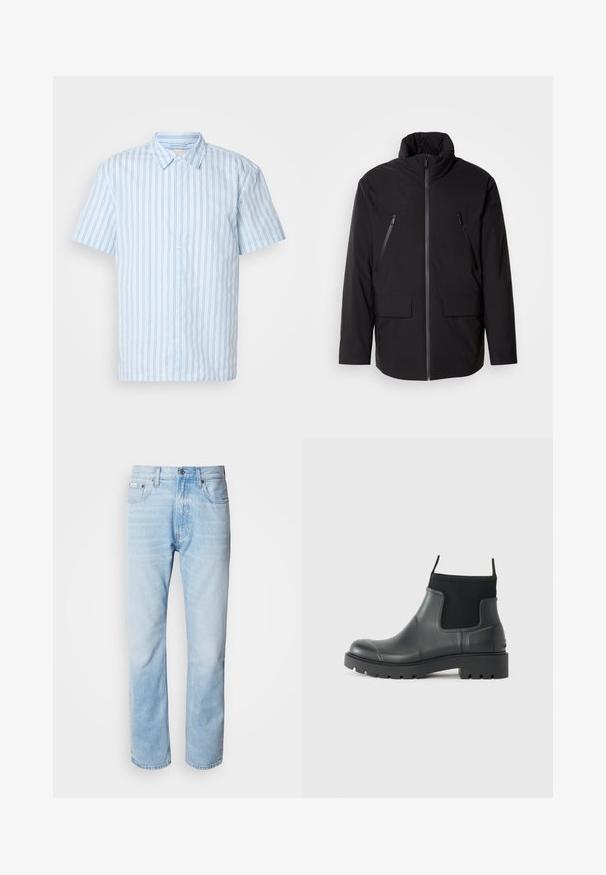 Černá bunda s vysokým límcem, plným předním zipem, dvěma kapsami na zip na hrudi a dvěma předními kapsami s klopou; hladká textura a uvolněný střih.; Košile s krátkým rukávem v světle modré barvě s vertikálními pruhy. Má špičatý límec a bílé knoflíky vpředu.; Světle modré džíny s rovnou nohavicí, s vybledlými částmi, pěti kapsami a klasickým zapínáním na knoflík.; Černé kotníkové boty vyrobené z gumy s matným povrchem, s elegantním designem, elastickými panely a masivní podrážkou pro lepší trakci.