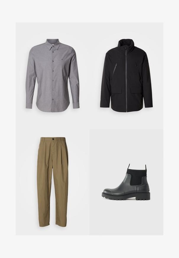 Czarna kurtka z wysokim kołnierzem, z pełnym zapięciem na suwak, dwiema kieszeniami na suwak na piersiach oraz dwiema kieszeniami z klapą z przodu; gładka struktura i luźny krój.; Szara, w paski, długosleeveowa koszula wykonana z bawełny, z kołnierzykiem zapinanym na guziki i logo na lewej piersi. Slim fit.; Spodnie w kolorze khaki o prostym kroju z dekoracyjnymi zakładkami, szlufkami na pasek oraz jednym czarnym guzikiem w talii, prezentowane na białym tle.; Czarne botki za kostkę wykonane z gumy o matowym wykończeniu, charakteryzujące się eleganckim designem, elastycznymi panelami oraz grubą podeszwą dla lepszej przyczepności.
