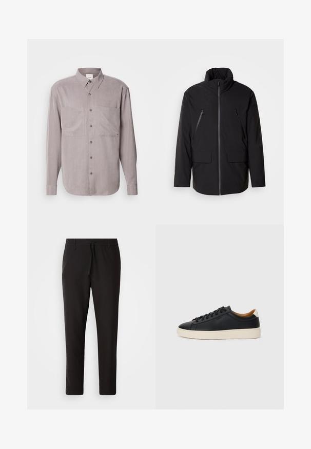 Čierna bunda s vysokým golierom, plný predný zips, dve zipsové vrecká na hrudi a dve predné vrecká s klopou; hladká textúra a uvoľnený strih.; Dlhý rukáv košele s gombíkmi vo matnej šedej látke, ktorá má dve náprsné vrecká, klasický golier a gombíky v rovnakej farbe.; Čierne jogger nohavice vyrobené z hladkej tkaniny. Majú elastický pás s šnúrkou, zúžené nohavice a žiadne viditeľné vrecká. Jednoduchý dizajn.; Čierne kožené tenisky s hladkou textúrou, béžová gumová podrážka, viazanie a kontrastný akcent na päte.
