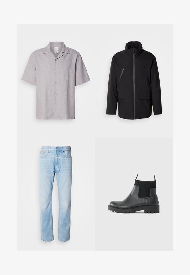 Schwarze Jacke mit hohem Kragen, durchgehendem Reißverschluss, zwei Zipper-Brusttaschen und zwei Frontklapptaschen; glatte Textur und lockere Passform.; Kurzärmeliges, hellgraues Hemd aus Leinen mit Knopfleiste. Es hat einen spitzen Kragen und eine dezente Struktur mit sechs Knöpfen vorne.; Hellblaue Jeans aus Denim mit geradem Schnitt, die verblasste Abschnitte, ein Fünf-Taschen-Design und einen klassischen Knopfverschluss aufweisen.; Schwarze Knöchelstiefel aus Gummi mit matter Oberfläche, die ein schlankes Design, elastische Einsätze und eine robuste Sohle für bessere Bodenhaftung bieten.