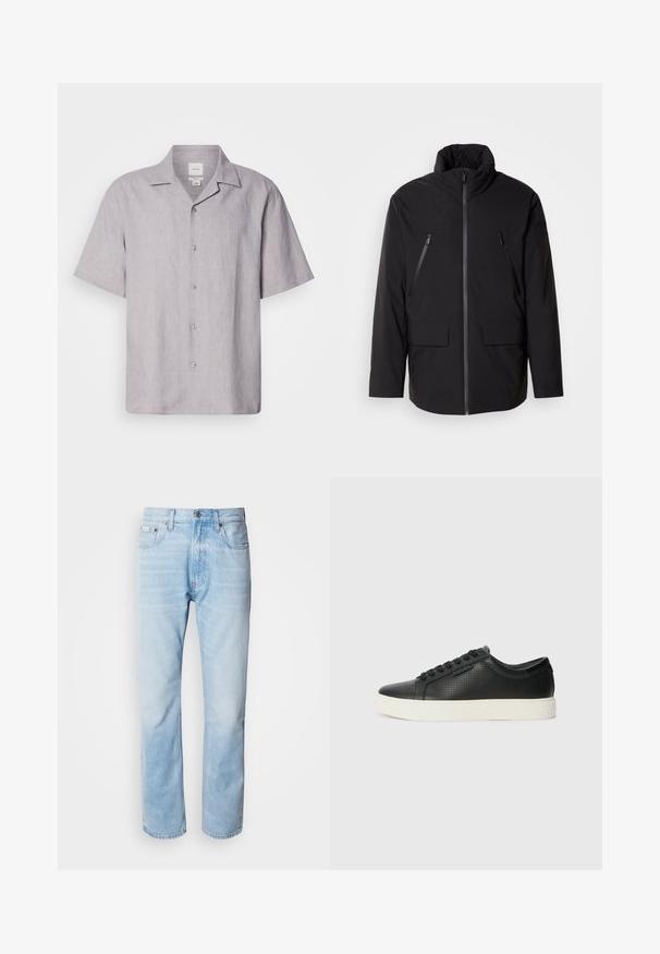 Schwarze Jacke mit hohem Kragen, durchgehendem Reißverschluss, zwei Zipper-Brusttaschen und zwei Frontklapptaschen; glatte Textur und lockere Passform.; Kurzärmliges, hellgraues Leinenhemd mit einem Reverskragen, fünf Knöpfen auf der Vorderseite und einem glatten, strukturierten Stoff.; Hellblaue Jeans aus Denim mit geradem Schnitt, die verblasste Abschnitte, ein Fünf-Taschen-Design und einen klassischen Knopfverschluss aufweisen.; Schwarze Leder-Sneaker mit perforierter Textur, runder Zehenpartie und flacher, weißer Gummisohle. Mit schwarzen Schnürsenkeln und einem dezenten Logo an der Seite.