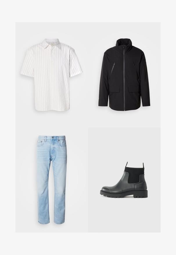Jachetă neagră cu guler înalt, fermoar frontal complet, două buzunare pe piept cu fermoar și două buzunare laterale cu clapă; textură netedă și croială lejeră.; Cămașă cu mânecă scurtă, albă, cu dungi subțiri verticale de culoare bej, design cu nasturi și guler clasic. Țesătura pare netedă și ușoară.; Jeans din denim de culoare bleu deschis, cu croială dreaptă, prezentând secțiuni decolorate, design cu cinci buzunare și un sistem clasic de închidere cu buton.; Bocanci negri din cauciuc, cu finisaj mat, având un design elegant, panouri elastice și o talpă groasă pentru aderență.