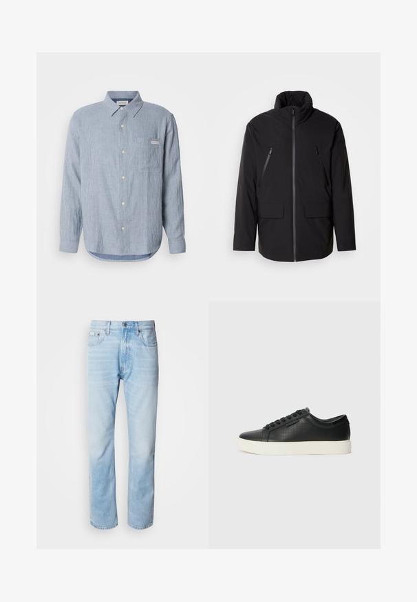 Jachetă neagră cu guler înalt, fermoar frontal complet, două buzunare pe piept cu fermoar și două buzunare laterale cu clapă; textură netedă și croială lejeră.; Cămașă button-up cu dungi albastre deschise, din bumbac, cu mâneci lungi, guler ascuțit, un buzunar pe piept și detaliu cu etichetă de logo.; Jeans din denim de culoare bleu deschis, cu croială dreaptă, prezentând secțiuni decolorate, design cu cinci buzunare și un sistem clasic de închidere cu buton.; Adidași din piele neagră cu textură perforată, vârf rotund și talpă plată din cauciuc alb. Au șireturi negre și un logo subtil pe lateral.
