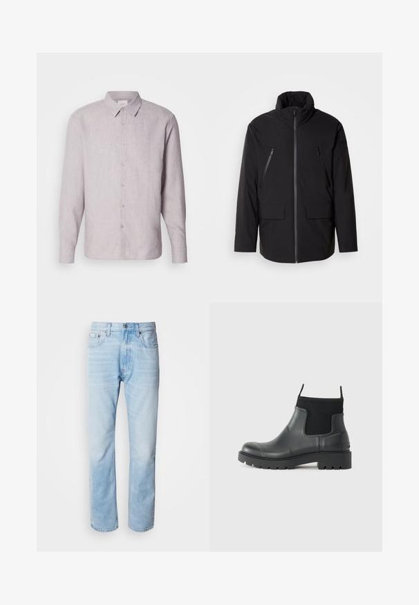 Černá bunda s vysokým límcem, plným předním zipem, dvěma kapsami na zip na hrudi a dvěma předními kapsami s klopou; hladká textura a uvolněný střih.; Svetle šedá lněná košile s límcem, dlouhými rukávy a zapínáním na knoflíky. Má jemnou texturu a perleťové knoflíky podél légendy.; Světle modré džíny s rovnou nohavicí, s vybledlými částmi, pěti kapsami a klasickým zapínáním na knoflík.; Černé kotníkové boty vyrobené z gumy s matným povrchem, s elegantním designem, elastickými panely a masivní podrážkou pro lepší trakci.