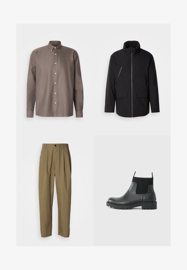 Melnas jakas ar augstu apkakli, pilnu priekšējo rāvējslēdzēju, divām rāvējslēdzēja krūšu kabatām un divām priekšējām kabatām ar atloku; gluda tekstūra un brīva piegriezuma.; Brūna pogājama krekla ar apkakles dekoltē, garām piedurknēm, nemanāmām vertikālām svītrām un baltām pogām priekšā.; Haki krāsas taisnas kājas bikses ar krokām, jostas cilpām un vienu melnu pogu jostas vietā uz baltas fona.; Melna gumijas potīšu apavi ar matētu virsmu, kuriem ir elegants dizains, elastīgas malas un masīva zole, kas nodrošina labu saķeri.